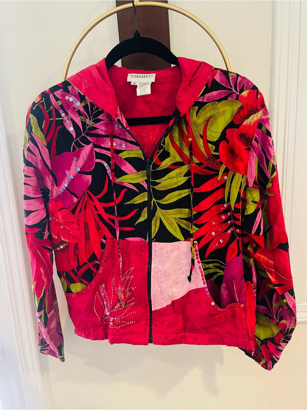 Vanity Tropical Floral Zip Hoodie Jacket in Pink, Red, Green